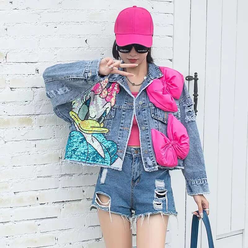 2025 New Women Coat Cartoon Sticker Embroidered Sequin Short Denim outdoor jacket Loose Bowknot Top
