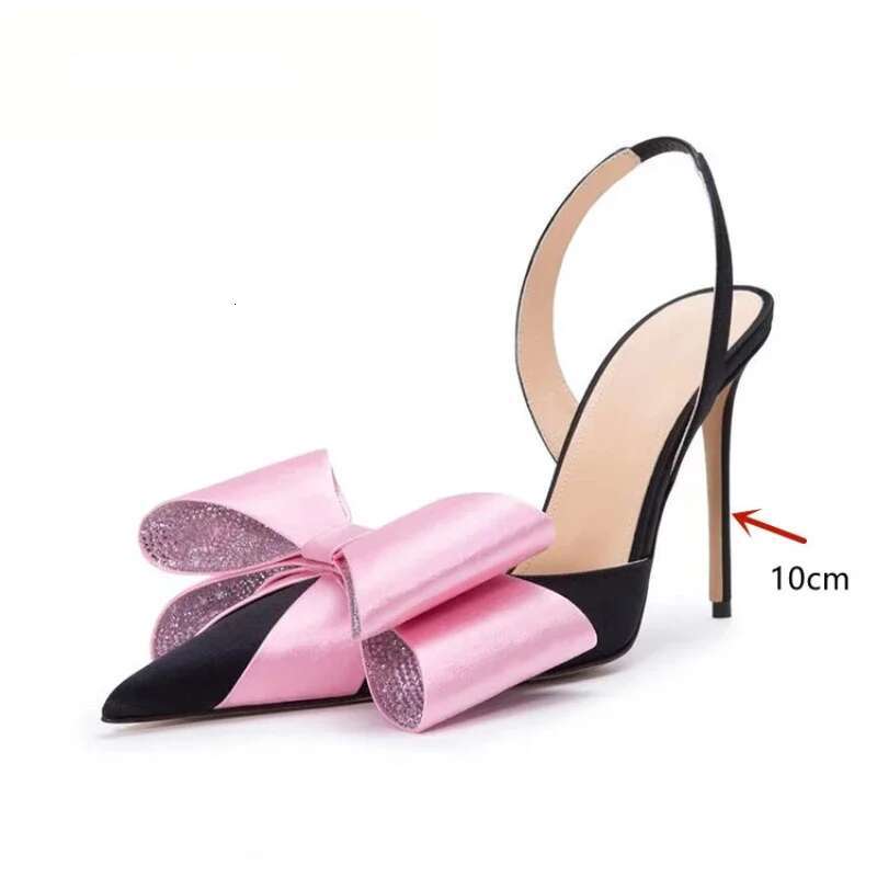 European And American Women's High-Heeled Pointed Bow Decoration Color Blocked Rhie Single Shoe Back Hollow Sandals