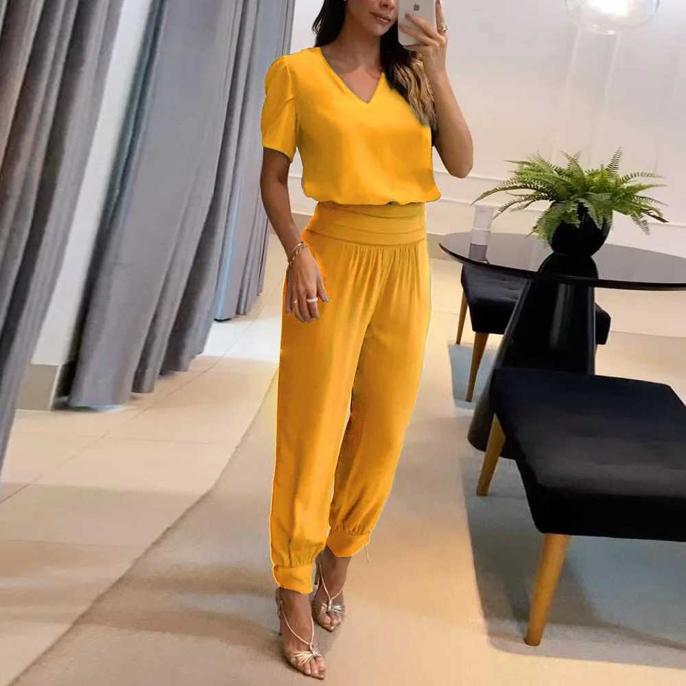 Fashion Short Sve Tshirt Pants Set Office Lady Casual Loose V Neck Floral Print Trousers Two Piece Set Women Outfit 2023XJ250106