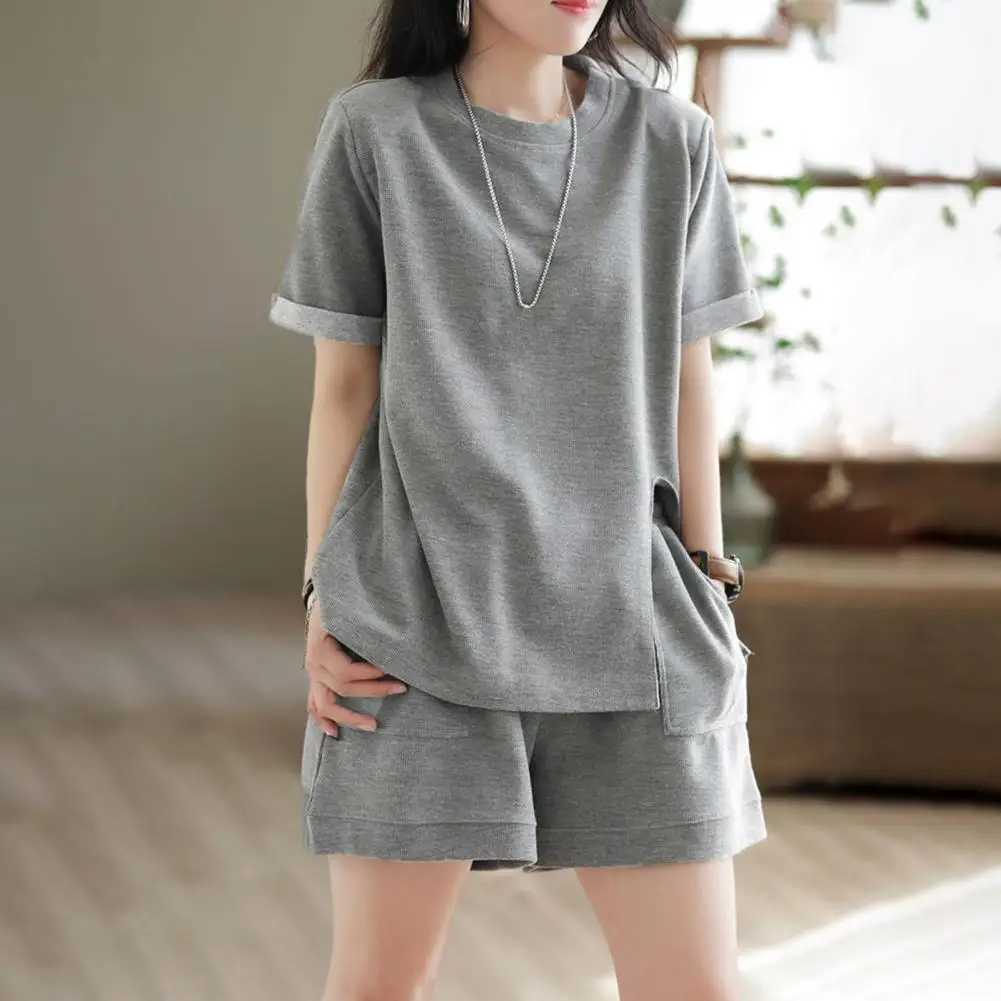 Summer Women Shirt Shorts Suit Solid Color Sweat Absorption Top Shorts Suit With Pocket Polyester Lint Free Fe OutfitXJ250106