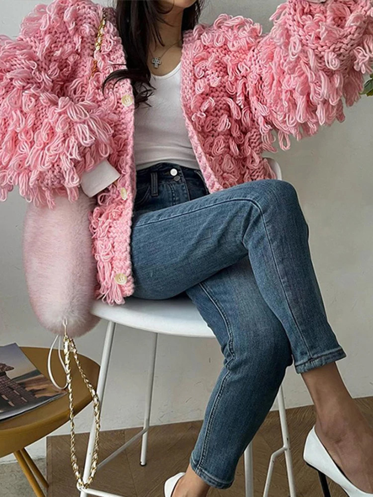 Tassel Knitted Cardigan Women Street Chic O-Neck Long Sleeve Female Sweaters 2024 Autumn Winter Single Breasted Loose Lady Coat 241225