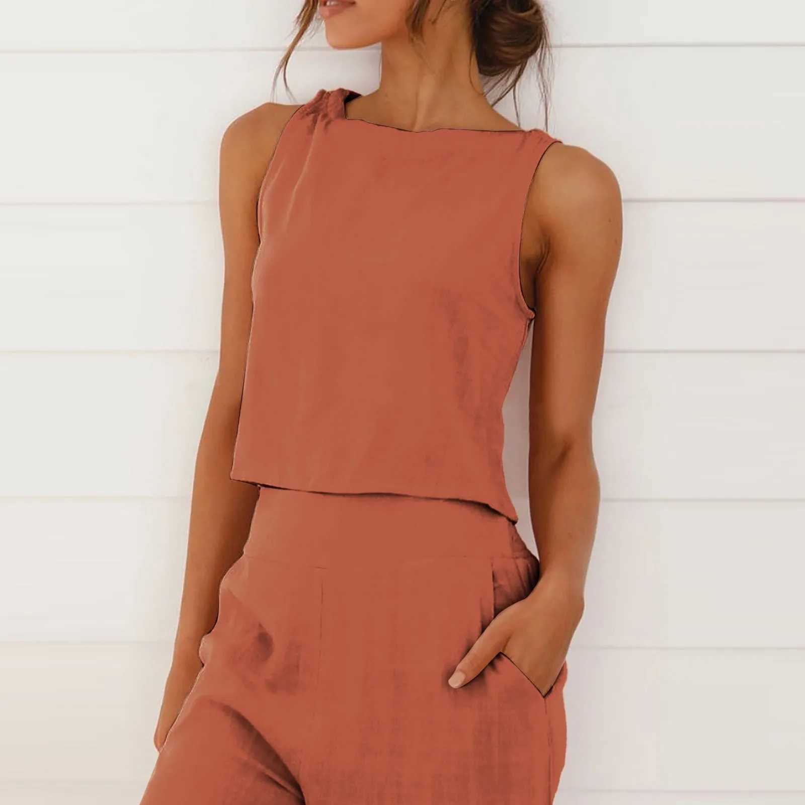 Women Summer Casual Linen 2 Piece Pants Set Solid Ele Two Piece Suit Sveless Wide Leg Trouser 2024 New In Matcing SetsXJ250106