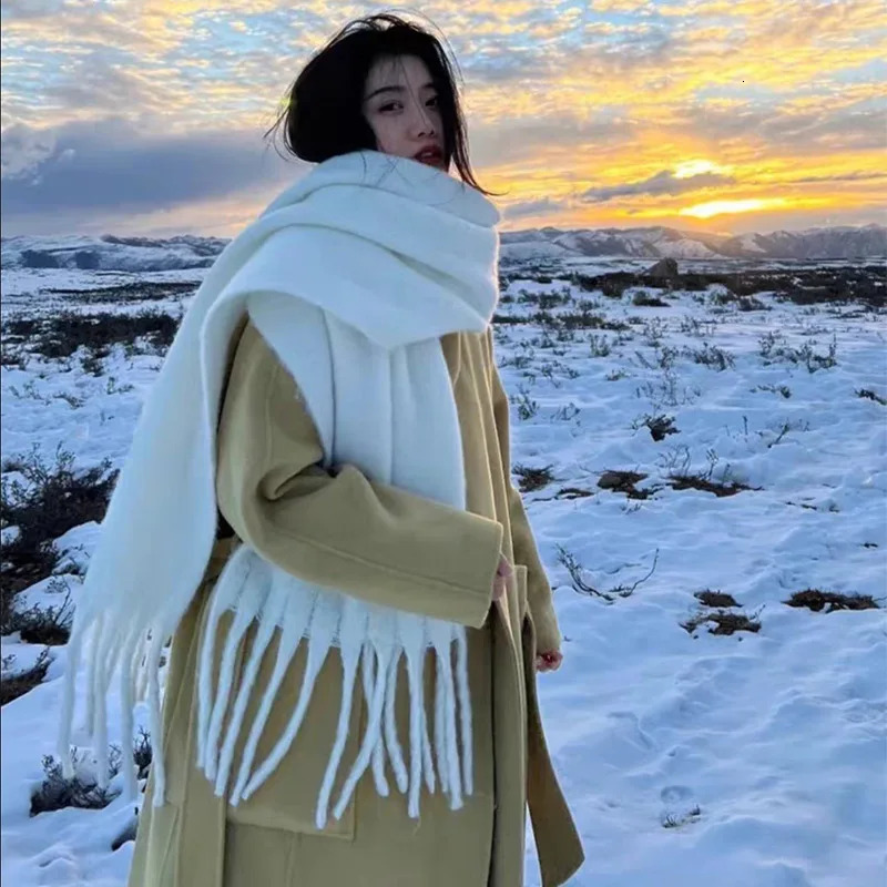 2024 Winter Solid Color Cashmere Scarf Warm Soft Womens Scarf Fashion Long Tassel Scarf Thickened Wrapped Shawl Woman Scarf 250106