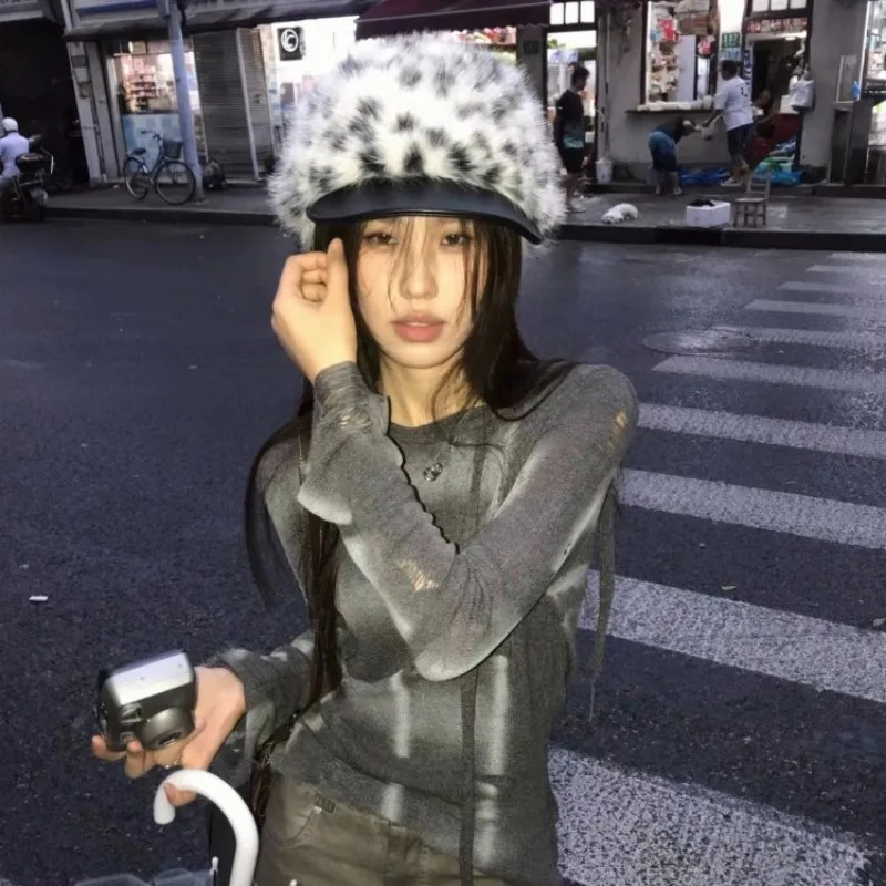 Fur Splicing Berets WOMen Korean Version Fashion British Leather Brim Painter Hat Autumn Winter 241218