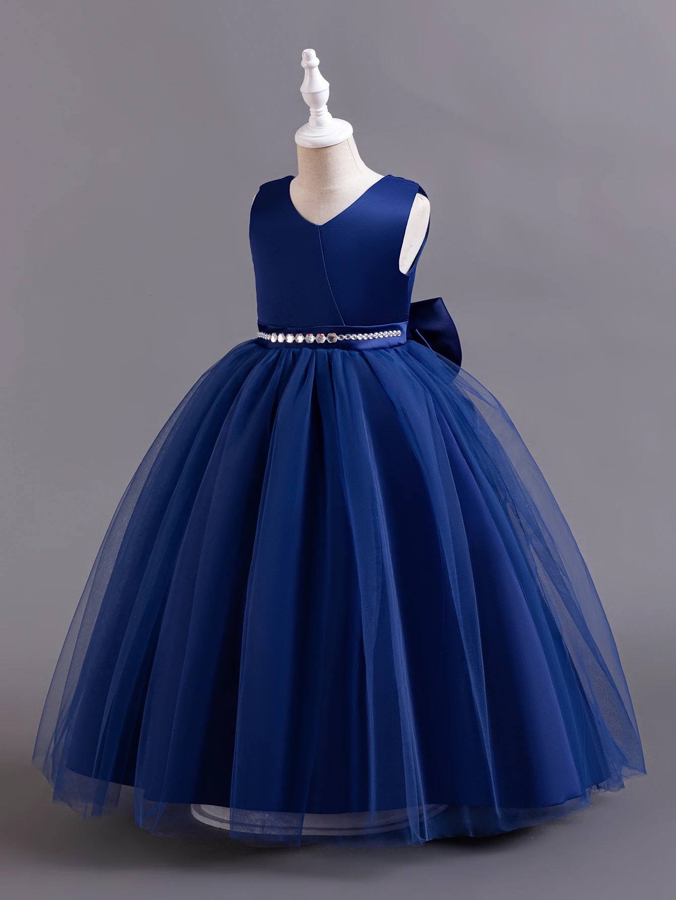 Shining Crystal Belt blue Sleeveless Long Dress for Princess Prom Bow Dresses for 3 to 12 Years Girls 250106