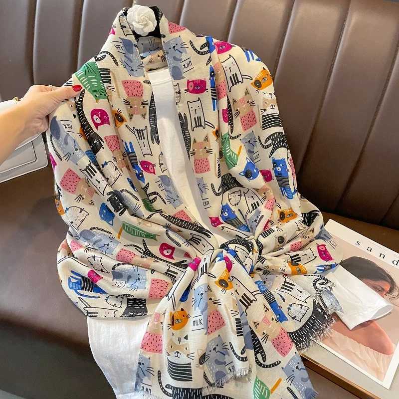 Cute animals cartoon cute cat pattern edge adhesive scarf for women and girls printing soft shawl and wrapping Pashmina Muslim headscarf Sjaal W250107