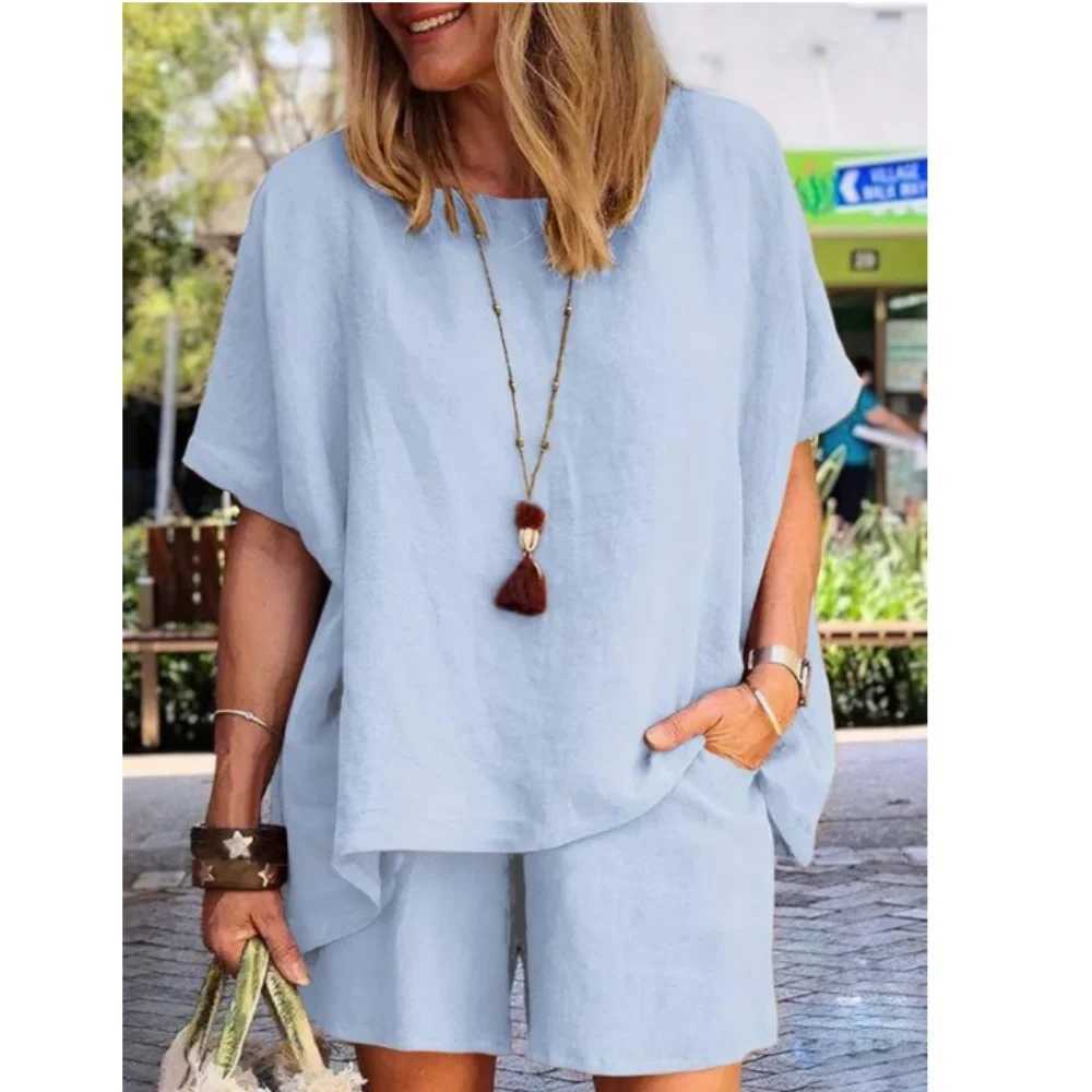 Womens Casual Short Sved Top+wide Leg Shorts 2-piece Set 2024 Summer Set Cotton Linen Shirt Shorts Pants Sets CombinaisonsXJ250106