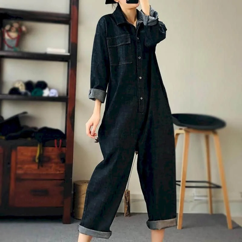 Oversized Denim Jumpsuit Suit Women Blue Long Sleeve Playsuits High Waist Fashion Tops Casual One Piece Outfit 250103