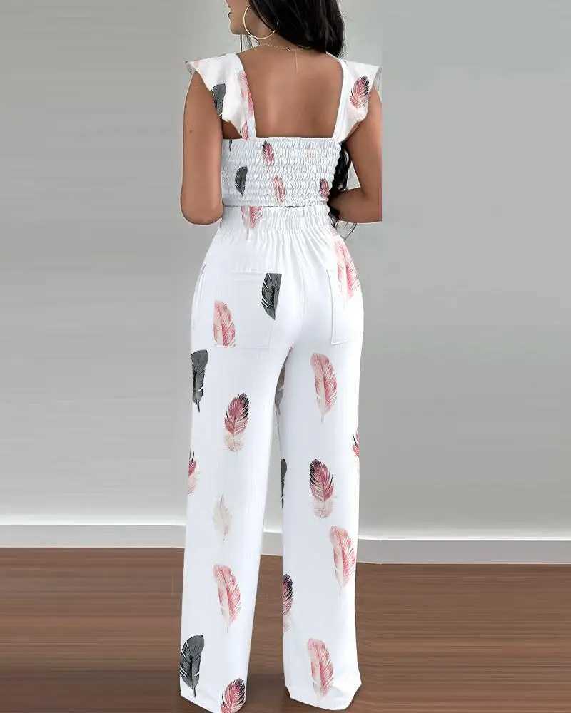 Two Piece Set For Women Summer V-neck Printed Flying Sves Short Top Tie Up High Waisted Pants Fashion Casual Pants SetXJ250106