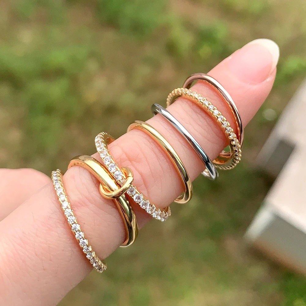 2025 Iced Out 4-piece Connecting Finger Ring Two Ton Golden Zircon Ring 250106