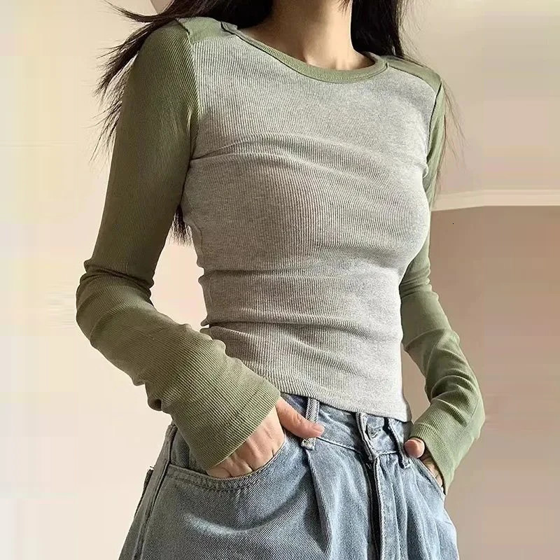 Womens Clothing Autumn Winter Trendy Contrast Color Ribbed Knitted Basic T-shirts Y2K Female O Neck Long Sleeve Sexy Short Tops 250106