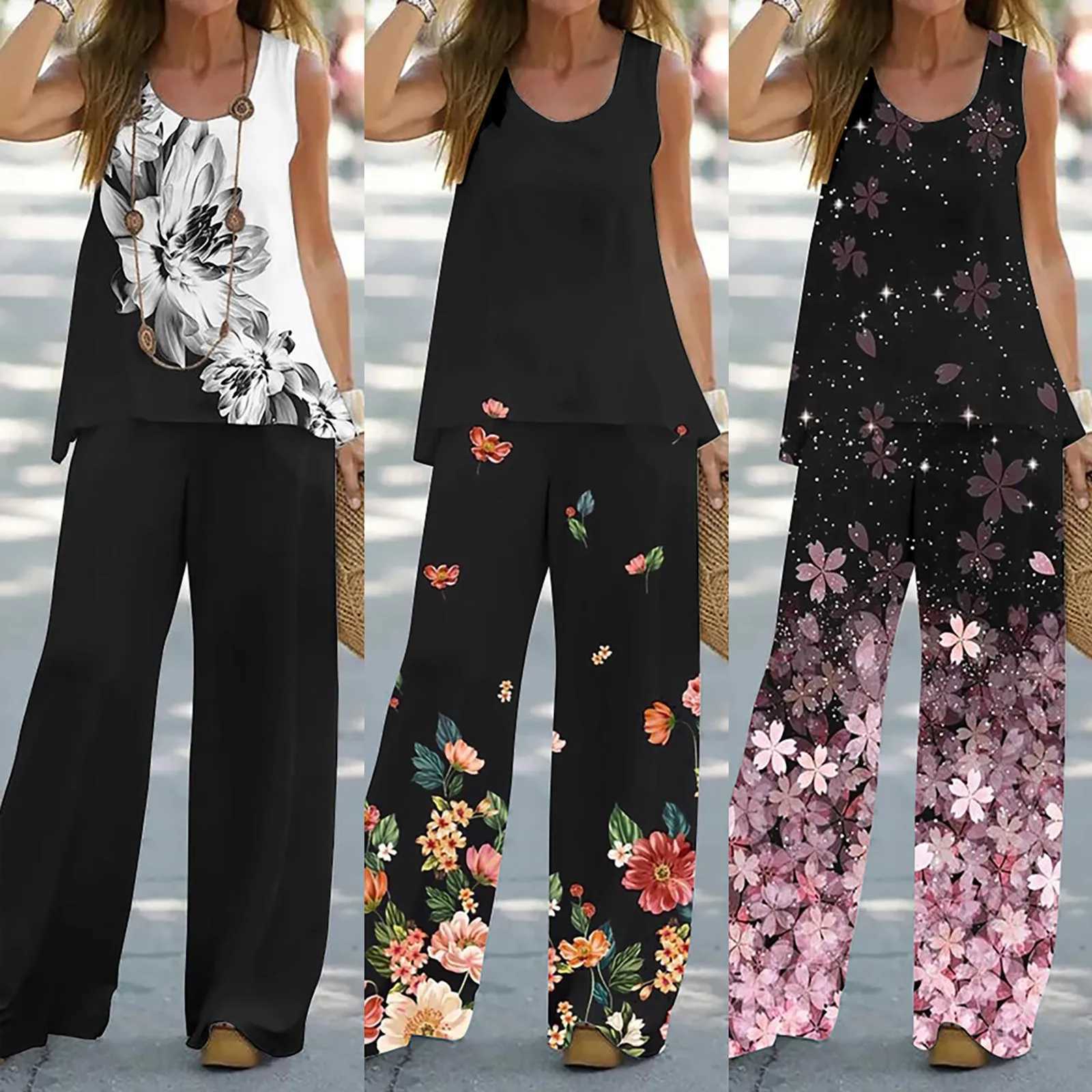 Fashion Two Piece Sets Womens Outfits Vintage Print O Neck Sveless Shirt Vest High Waist Loose Pants Suit Fe OutfitXJ250106