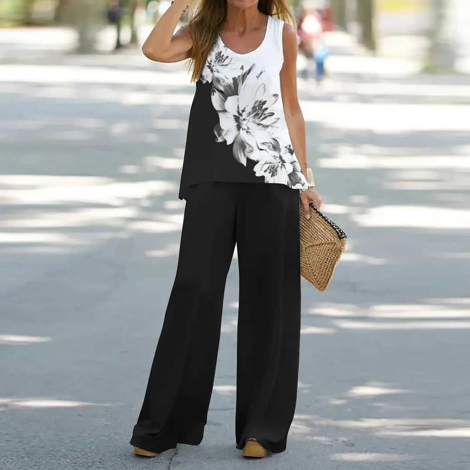 Fashion Two Piece Sets Womens Outfits Vintage Print O Neck Sveless Shirt Vest High Waist Loose Pants Suit Fe OutfitXJ250106