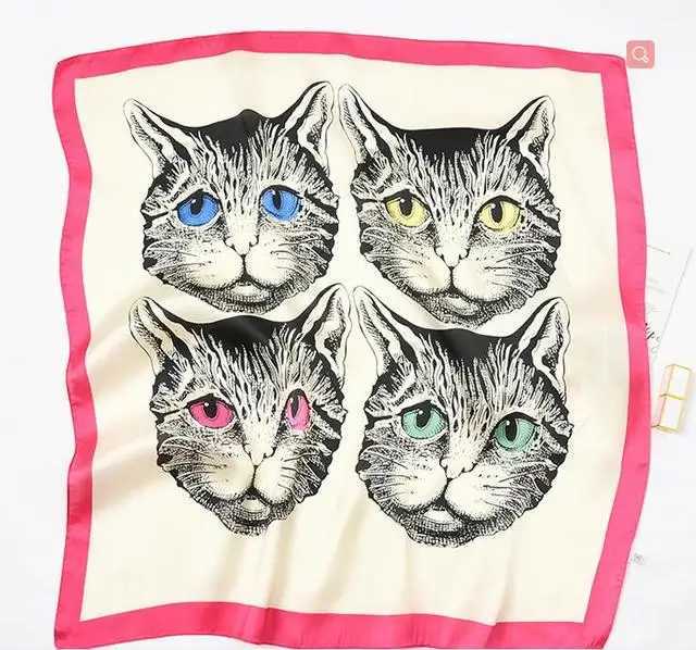 70cm * 70cm Silk Square Scarf Womens Cartoon Cat Bag Printing Fountain Headscarf Womens Collar Headscarf High Quality Silk Scarf FJ095 W250107