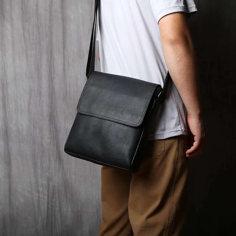 Nzpj-Leather Shoulder Bag For Men, Natural Cowhide, Vertical Crossbody Bag, Casual, Large Capacity, Flip, Zipper, 10 ", Ipad