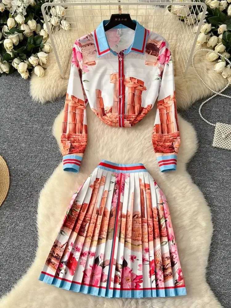 2025 Spring/Summer Womens Long Sve Collar Gorgeous Printed Shirt Top+High Waist Zipper Folding Mini Skirt 2-piece Set W250107