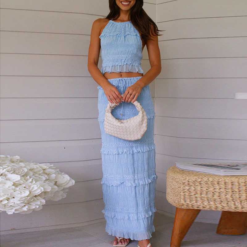 Women Summer Solid Beach Two Piece Sets 2025 Sexy Lady Halter Sveless Top and Skirt Outfit Fashion Backless Tank Holiday SuitXJ250106