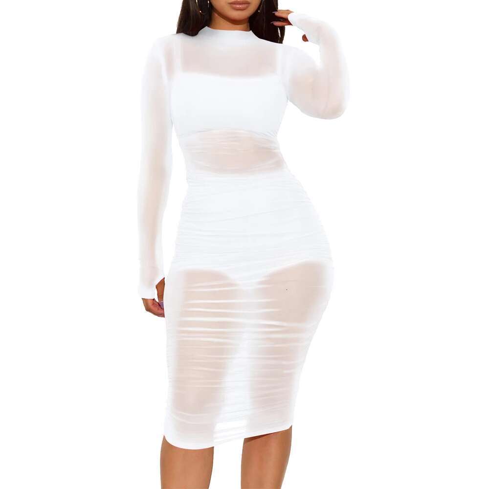 Sexy Mini Bodycon Dress Lace Mesh See Through Party Dresses Women Slim Clubwear Solid Long Sleeve Basic Female Outfits