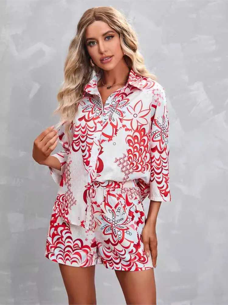 New Print Three-quarter Sve Short Casual Suit Spring Summer Fashion Ele Casual Button Shirt 2 Piece Set Womens ClothingXJ250106