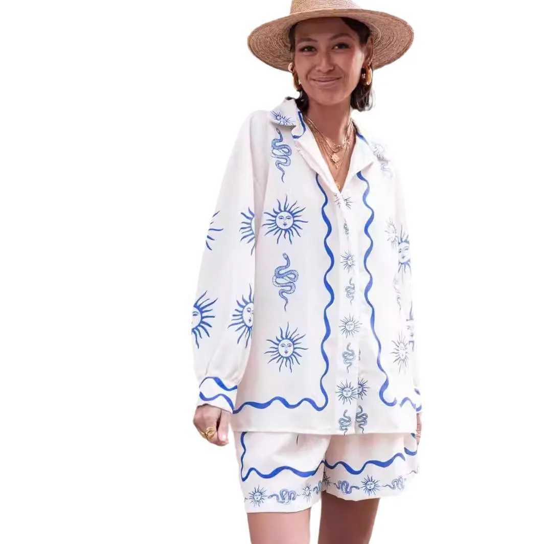 Womens Fashion Print Suit New Summer Linen Beach Vacation Suit Casual Versatile Shirt Cardigan Top Loose Shorts Two-piece SetXJ250106