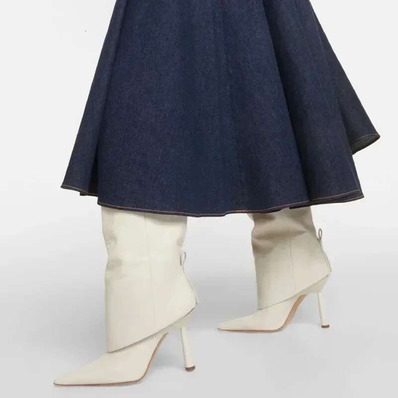 European American 2024 New High Tube Loose Pants Boot Pointed Toe Fish Pattern Slim Heels Not Below The Knee Large Women's Boots