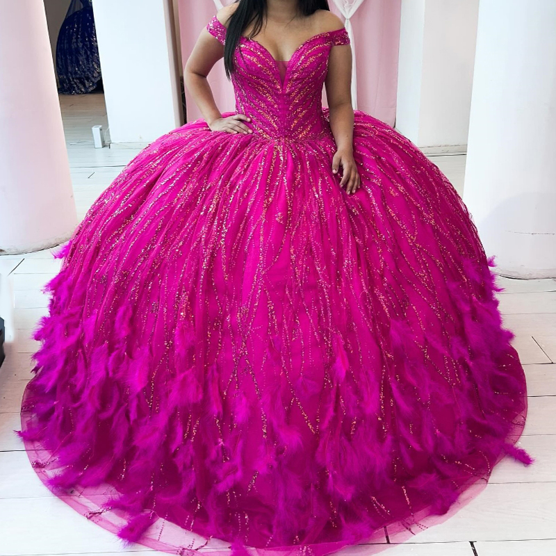 Rose Red Shiny Quinceanera Dresses Ball Gown Off Shoulder Sequin Beading Feather Tull Sweet 16 Dress Vestidos 15 De Anos