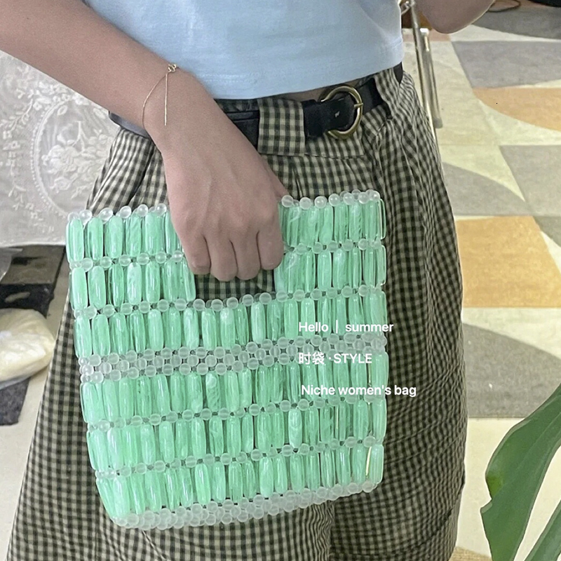 Customized Crystal Bags New Fashion INS Handmade Acrylic Beaded Transparent Panel Green Handbag Summer Small Fresh Women's Bag