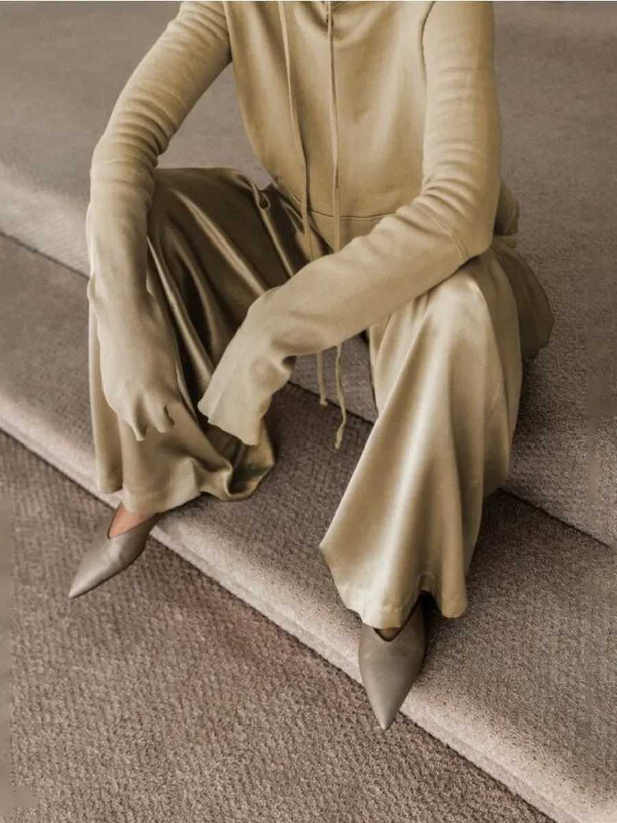 Onecozyday High Waist Wide Leg Pants and Long Sves Hooded Sweatshirt 2024 Autumn New Loose Fit Two-piece Sets for WomenXJ250106