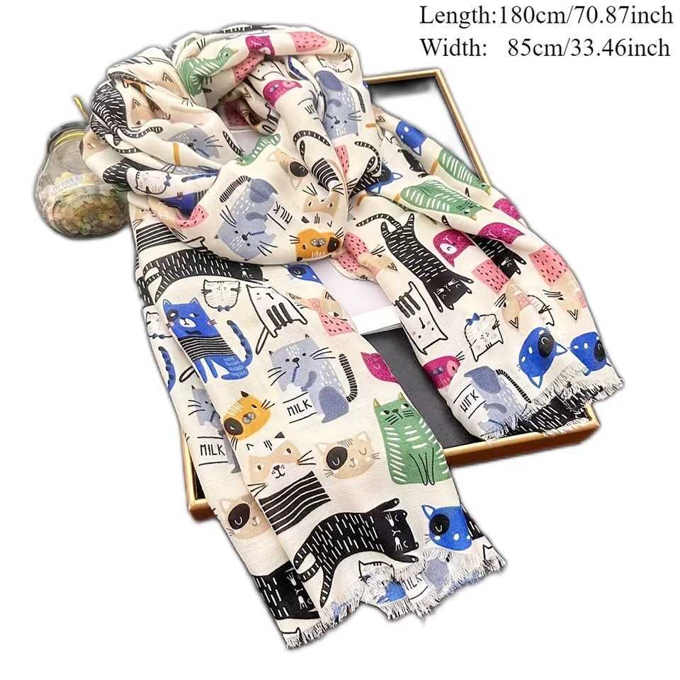 Cute animals cartoon cute cat pattern edge adhesive scarf for women and girls printing soft shawl and wrapping Pashmina Muslim headscarf Sjaal W250107