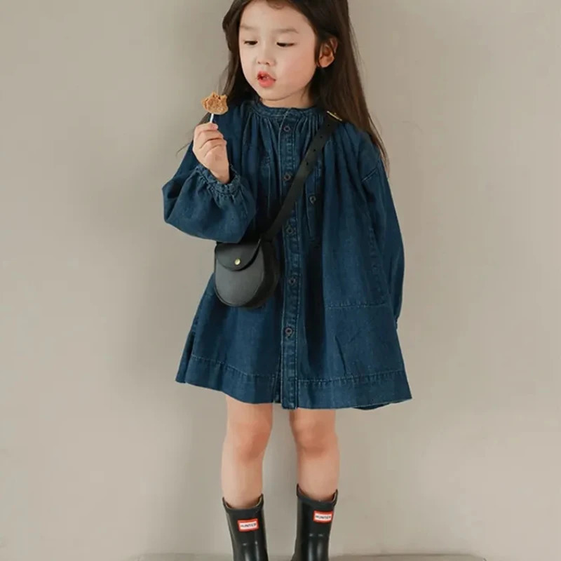 Fall Kawaii Girls Denim Dress Casual O Neck Single Breasted Children Dress Loose Fashion Long Sleeved Toddler Mini Dress 250106