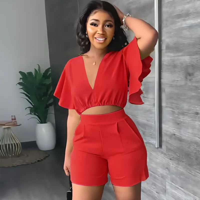 Fashion Two Piece Set Women Sexy V Neck Ruffles Sve Crop Top Pockets Shorts Suit 2023 Summer Street Solid Tracksuit OutfitsXJ250106