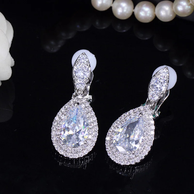 CWWZircons Fashion Women White Gold Color Dangle Drop CZ Royal Blue Crystal Paved No Pierced Ear Clip On Earrings Jewelry CZ164 250103