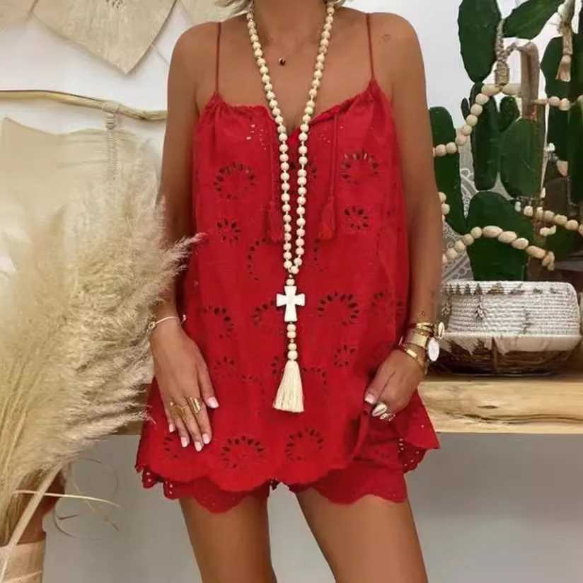 New Two Piece Sets Women Outifits Casual V-Neck Sveless Embroidery Top Shorts Set 2024 Fashion Women SuitXJ250106