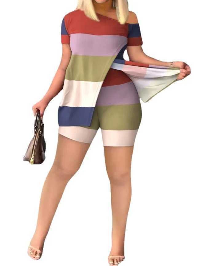 Women Short Sved Print Suit skew collar Irregular Shirt Bodycon Shorts New Casual Fashion Sexy Two Piece Set Womens ClothesXJ250106