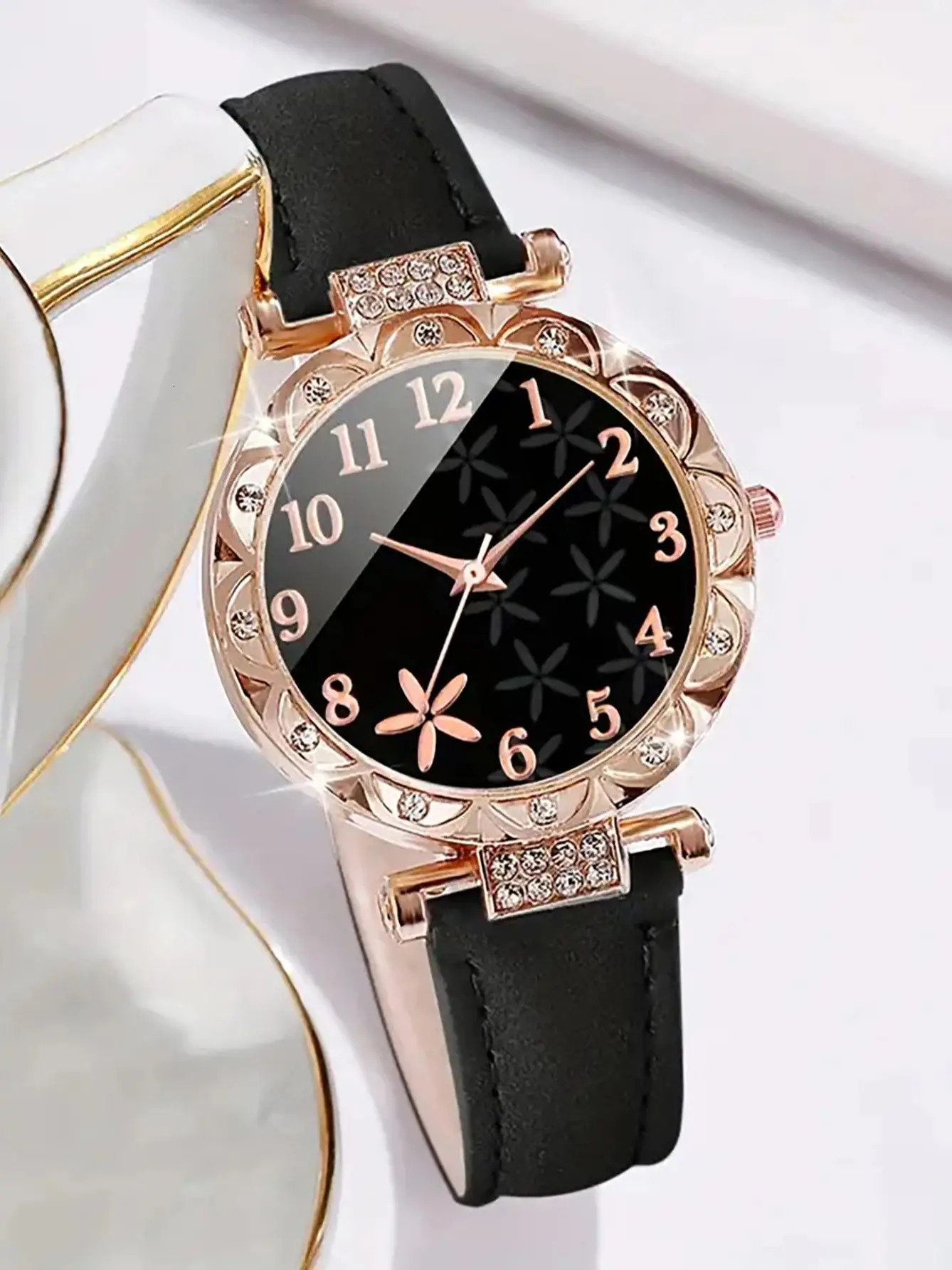 6PCS elegant black leaf plant print ladies quartz watch with feather Love bracelet set selected gift 241228