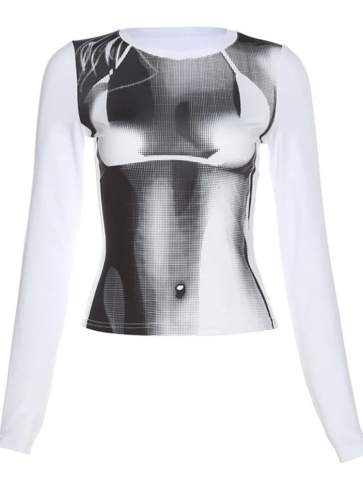Body Print Crop Tee Shirts Women Fall Spring Y2K Korean Fashion Long Sleeve O-neck Skinny Top Tshirt Streetwear 250106