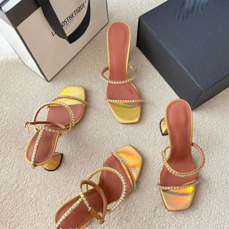 2024 Summer New Square Toe Rhie One-Word Sandals With Chunky Heels Women's Slippers For Outerwear