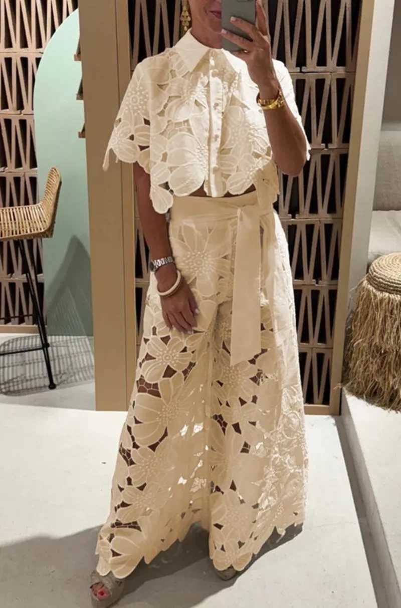 Ele Lapel Half-sved Crop Top + Wide-leg Pants Sexy Hollow 2-piece Set Women Fashion Spring Solid Color Loose Suit FeXJ250106