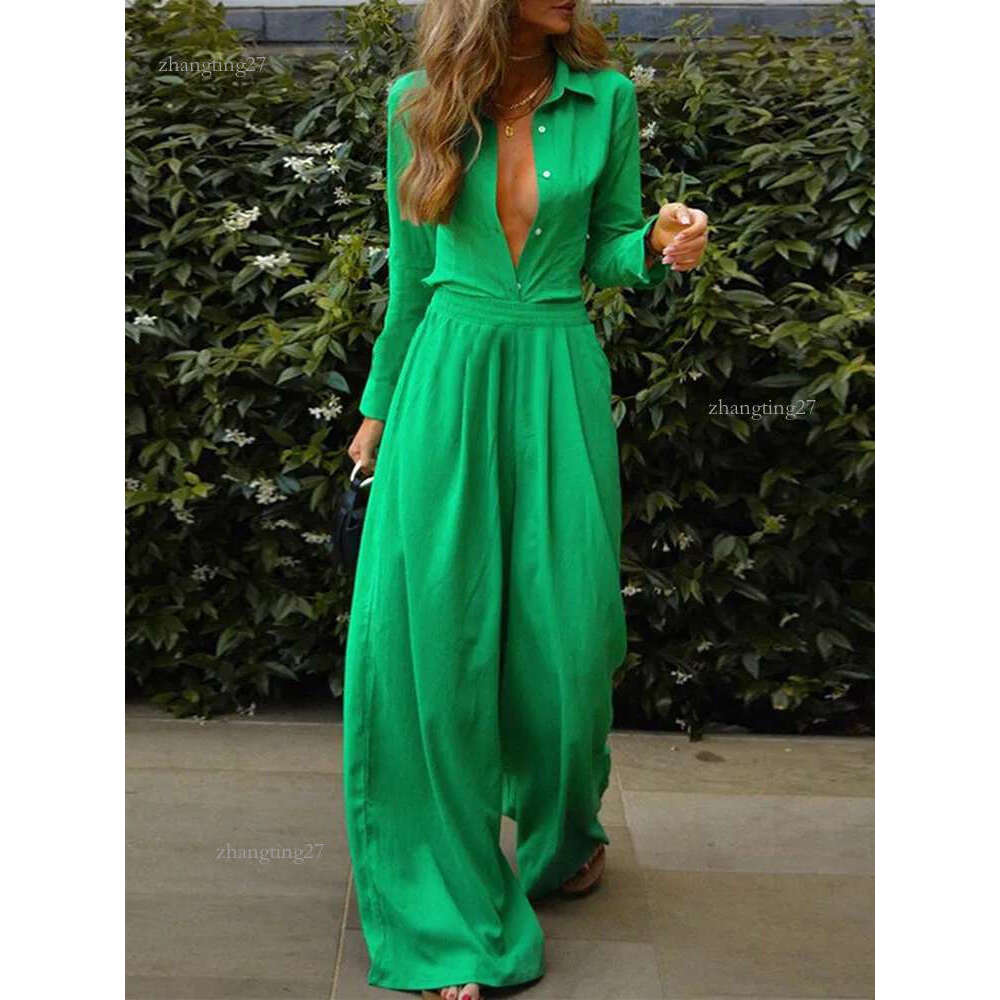 Women's Two Piece Pants 2023 Solid Loose Shirts 2 Pieces Suits For Women Casual Lapel Blouses Tops And Wide leg Sets Fashion Oversized S 3XL 2307