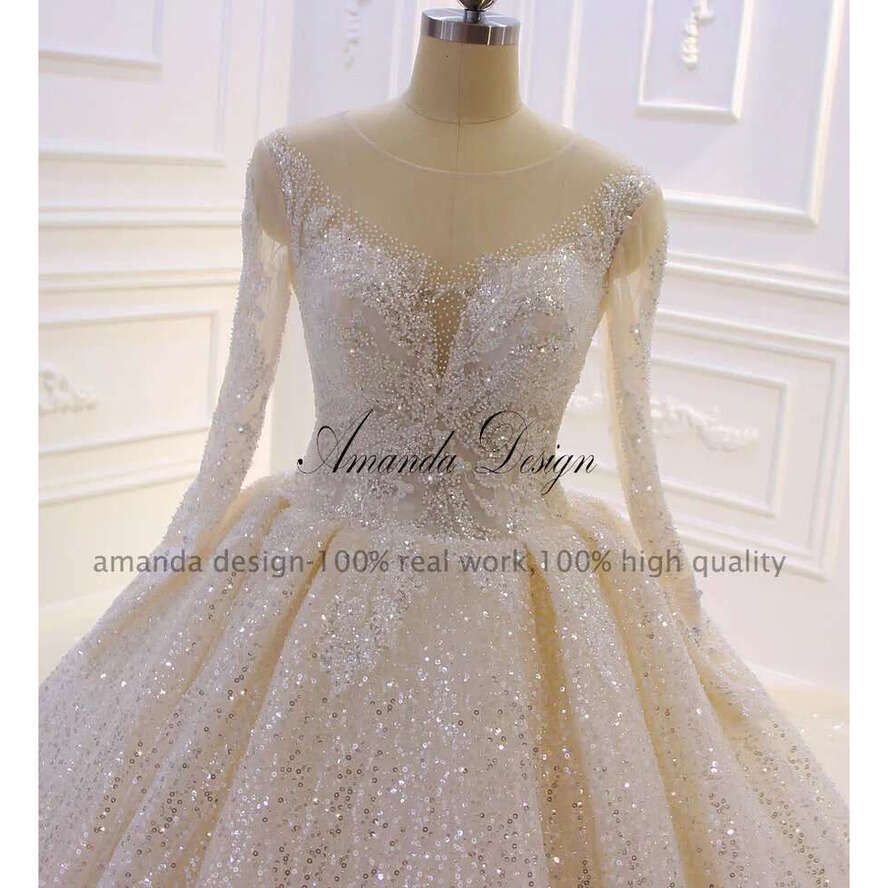 Amanda Design Customized Long Sleeve Sparkg Shiny Ball Gown Wedding Dress