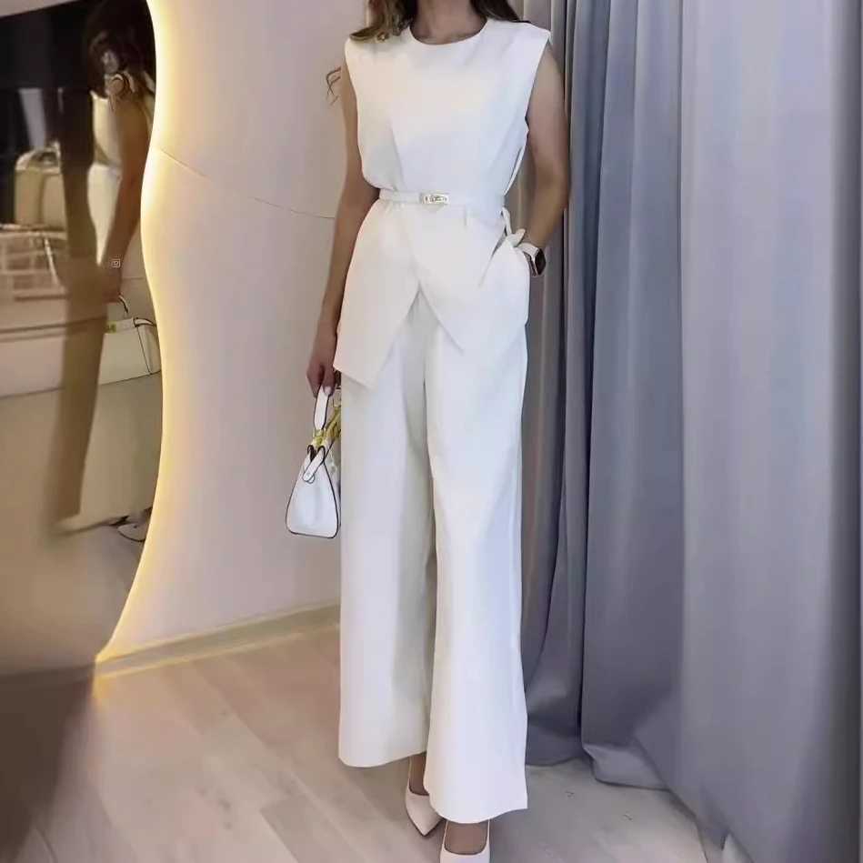 Two Piece Sets Women Pants Set Round Neck Belt Sveless White High Waist Tops Solid Wide Leg Long Pants Slim Fit EleXJ250106