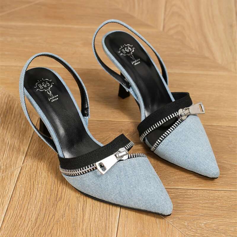 Fashion Women's Pumps Sandals Summer Sexy Sgback High Heels Denim Elegant Pointed Toe Zipper Decoration Party Wedding Shoes