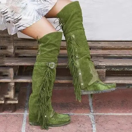 Fashion Bohemian knee length womens boots with ethnic personality high Tassel synthetic suede for girls flat bottomed long Botas unprinted good produc