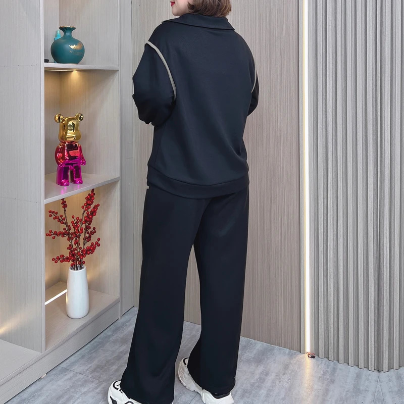 Long Sleeve Stretch Sweatshirt and Pants Set for Women Casual Clothing Block Color Lapel Plus Size 2 Pieces Suit 250106