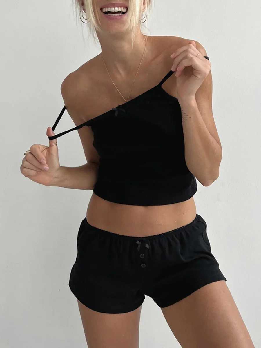 Y2k Comfy Women 2 Piece Outfit Lace Trim Sveless Crop Cami Top and Shorts Summer Lounge Pjs Set SpwearXJ250106