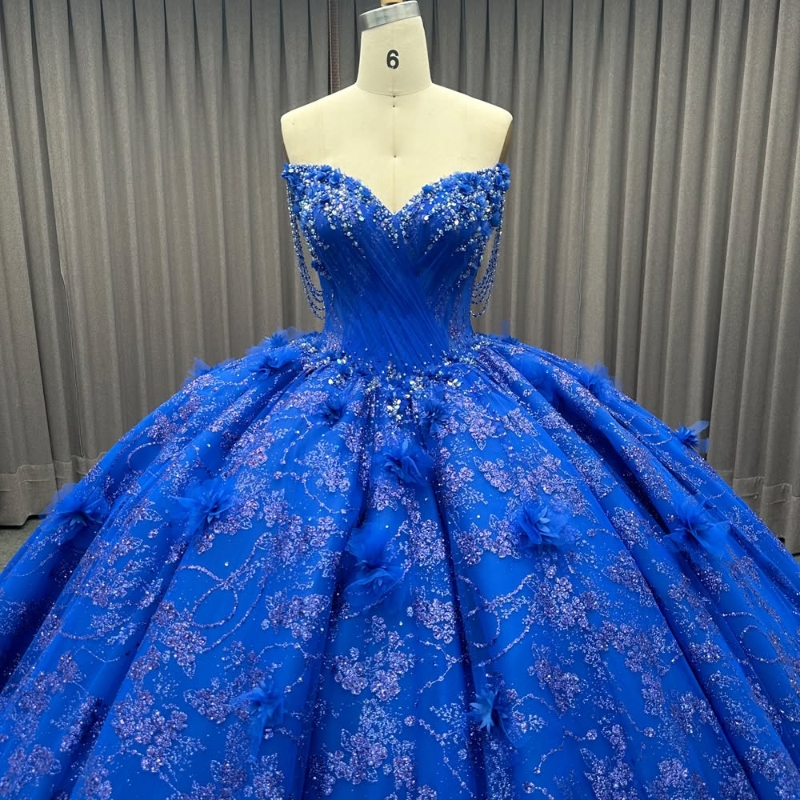 Royal Blue Quinceanera Dresses Ball Gown Off Shoulder Sequin Appliques Flower Beads Tull Sweet 16 Dress Vestidos 15 De Anos