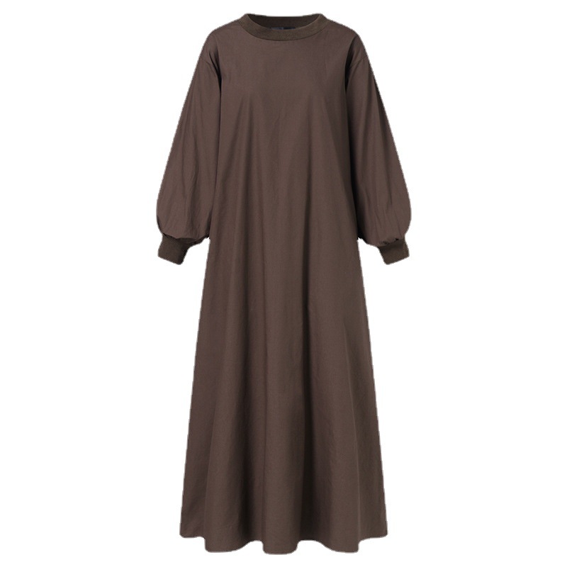 (635) New Solid Color Casual Loose Large Size Round Neck Threaded Long Sleeve Long Dress