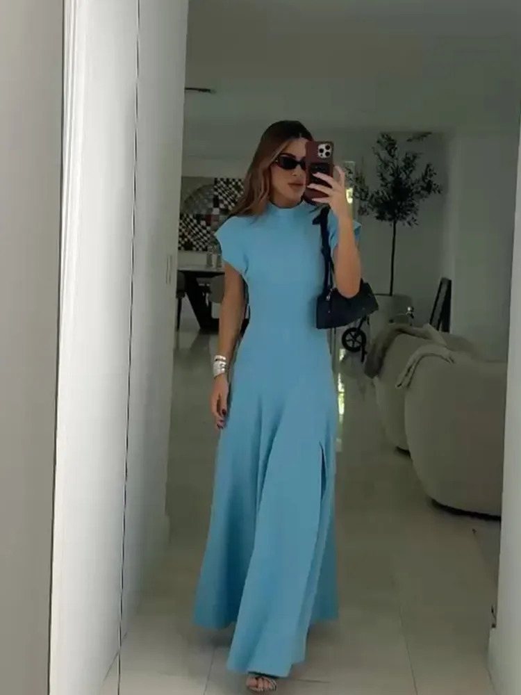 Elegant Blue Shoulder Pad Short Sleeve Maxi Dress Women Fashion High Waist Split A-line Long Dresses 2024 Lady Street Robes 241223