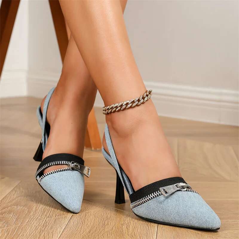 Fashion Women's Pumps Sandals Summer Sexy Sgback High Heels Denim Elegant Pointed Toe Zipper Decoration Party Wedding Shoes