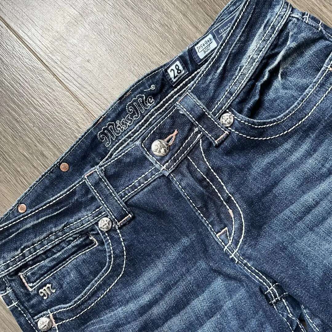 American Haruku Gothic Y2k Heavy Industry Washed Blue Embroidered Pattern Women's Autumn Street Trend Slim Flared Jeans